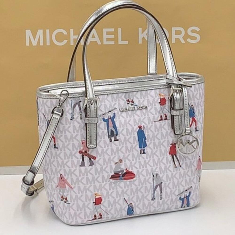 Michael Kors Jet Set Girls Print White Signature XS Carryall Top Zip Tote